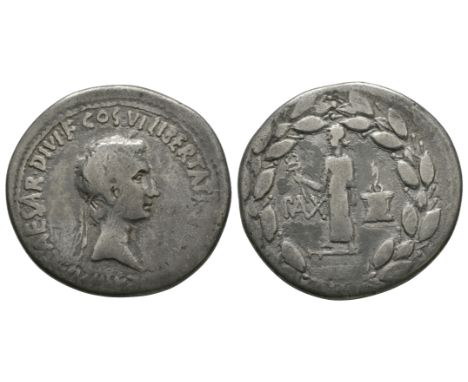 28-20 BC. Ephesus mint. Obv: IMP CAESAR DIVI F COS VI LIBERTATIS P R VINDEX legend with laureate head right. Rev: PAX legend 