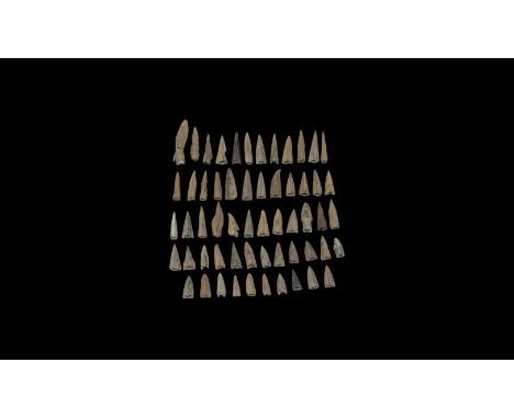 5th-3rd century BC. A mixed group of bronze arrowheads including triangular-section, lentoid-section, leaf-shaped with socket