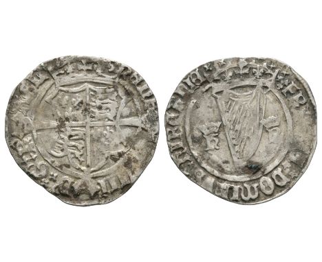 1540 AD. First harp issue. Obv: long cross over crowned arms with HENRIC VIII D G REX ANGL legend with 'leaf' mintmark. Rev: 