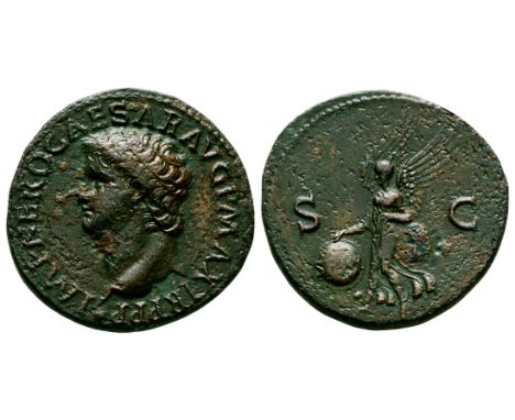 66-67 AD. Lyons mint. Obv: IMP NERO CAESAR AVG P MAX TR P PP legend with bare head left with globe at point of bust. Rev: S-C