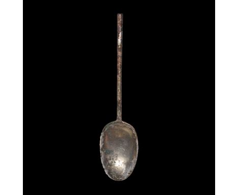 3rd-6th century AD. A silver spoon with long facetted handle and deep egg-shaped bowl.   42 grams, 16.5cm (6 1/2"). From an i