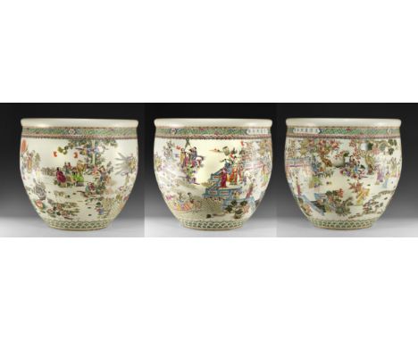 Late 19th-early 20th century AD. A large famille rose white-glazed background ceramic planter with figural scenes with trees,