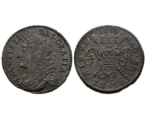 Dated September 1689 AD. Obv: profile bust with IACOBVS II DEI GRATIA legend. Rev: crown over crossed sceptres with XXX over,