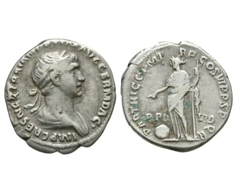 112-117 AD. Rome mint. Obv: IMP CAES NER TRAIAN OPTIM AVG GERM DAC legend with laureate, draped bust right. Rev: PARTHIC P M 