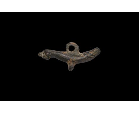 1st century BC-2nd century AD. A round-section bronze pendant comprising a phallus and a hand in 'fig' gesture, male genitals