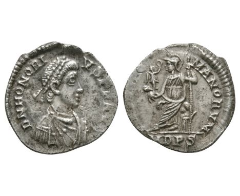 397-402 AD. Milan mint. Obv: D N HONORI-VS P F AVG legend with diademed, draped and cuirassed bust right. Rev: VIRTVS ROMANOR