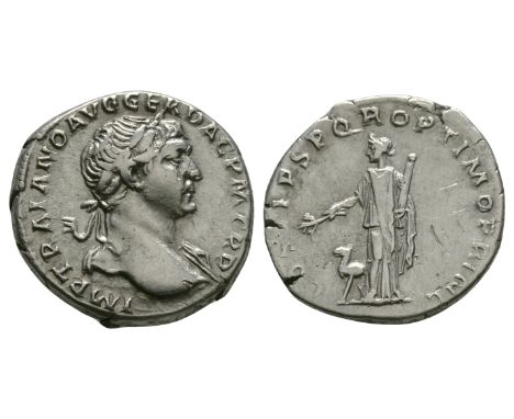 103-111 AD. Rome mint. Obv: IMP TRAIANO AVG GER DAC P M TR P legend with laureate and draped bust right. Rev: COS V P P S P Q