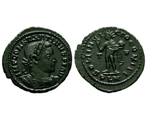 310 AD. London mint. Obv: IMP CONSTANTINVS PF AVG legend with laureate and cuirassed bust right. Rev: SOLI INVI-CTO COMITI le