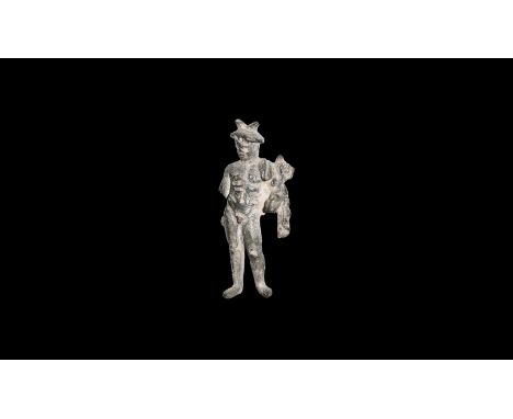 1st-3rd century AD. A bronze statuette of Mercury, naked and standing, with chlamys over the left shoulder and holding a cadu