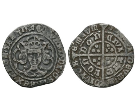 1464-1465 AD. First reign, light coinage, class Vc. Obv: facing bust with quatrefoils at neck within tressure with EDWARD DI 