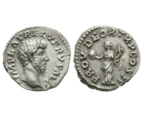 161 AD. Rome mint. Obv: IMP L AVREL VERVS AVG legend with bare head right. Rev: PROV DEOR TR P COS II legend with Providentia