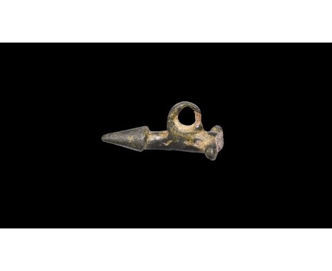 1st century BC-1st century AD. A bronze phallic pendant with conical tip, loop to the upper face.   30 grams, 53mm (2"). Acqu