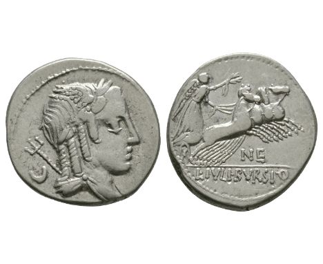 85 BC. Rome mint. Obv: laureate and winged bust of Apollo Vejovis right, trident over shoulder, crescent behind head. Rev: L 