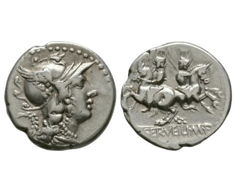 136 BC. Rome mint. Obv: ROMA legend with winged, helmetted head of Roma right, helmet surmounted by head of an eagle, wreath 
