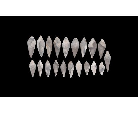 Neolithic, 3rd-2nd millennium BC. A group of twenty pale grey flint bifacial leaf-shaped knapped and ground points.   111 gra