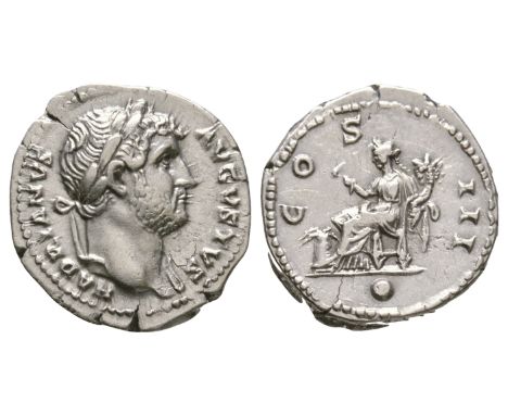 128 AD. Rome mint. Obv: HADRIANVS AVGVSTVS legend with laureate bust right. Rev: COS III legend with Annona seated left holdi