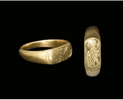 15th century AD. A D-section gold hoop with flat rectangular bezel, billeted band to each shoulder; reserved figure on a hatc