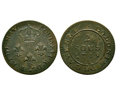 Dated 1789 AD. Billon issue, Paris mint. Obv: crown over three lis with LOUIS XVI R DE FR ET NAV legend. Rev: with 2 / SOUS i