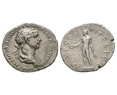 116 AD. Rome mint. Obv: IMP CAES NER TRAIAN OPTIM AVG GER DAC PARTHICO legend with laureate and draped bust right. Rev: P M T