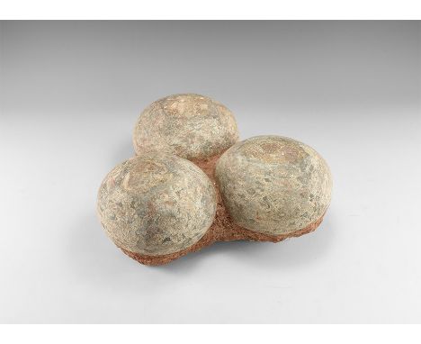 Cretaceous Period, 145-65 million years BP. Three fossil hadrosaur Charonosaurus eggs on matrix retaining evidence of the ori