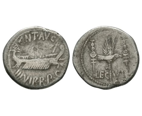 32-31 BC. 6th Legion. Obv: ANT AVG III VIR R P C legend with praetorian galley. Rev: LEG VI legend with a legionary eagle bet