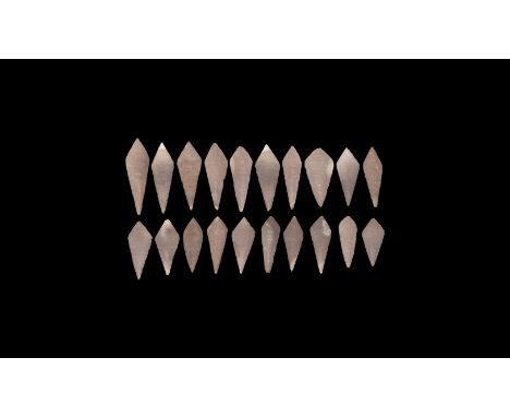 Neolithic, 3rd-2nd millennium BC. A group of twenty pale grey flint bifacial leaf-shaped knapped and ground points.   107 gra