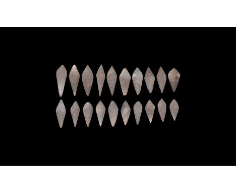 Neolithic, 3rd-2nd millennium BC. A group of twenty pale grey flint bifacial leaf-shaped knapped and ground points.   110 gra