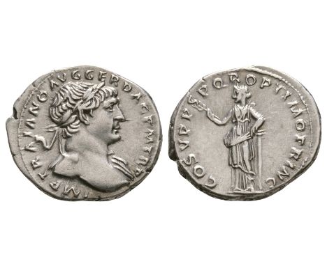 109 AD. Rome mint. Obv: IMP TRAIANO AVG GER DAC P M TR P legend with laureate bust right. Rev: COS V P P S P Q R OPTIMO PRINC