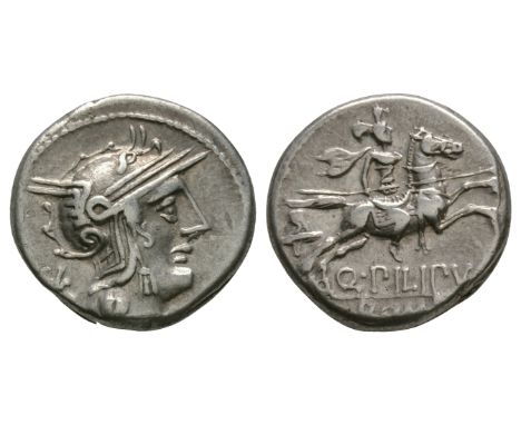 129 BC. Rome mint. Obv: helmetted head of Roma right with XVI monogram behind. Rev: horseman galloping right, holding spear w