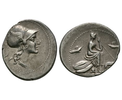 143 BC. Rome mint. Obv: helmetted head of Roma right with [R]OMA below. Rev: Roma seated right on shields with wolf and twins