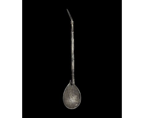 1st-3rd century AD. A silver cochlareum spoon with round-section balustered shank, swan-neck junction to shallow ovoid bowl, 