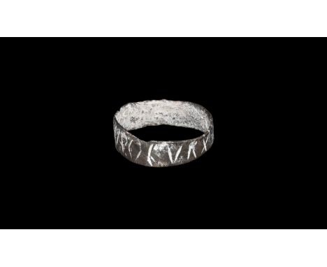 1st-3rd century AD. A bronze ring with Latin inscription, possibly military.   1 gram, 20.10mm overall, 18.23mm internal diam