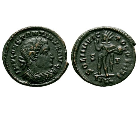 313-315 AD. London mint. Obv: IMP CONSTANTINVS AVG legend with laureate and cuirassed bust right. Rev: SOLI INVIC-TO COMITI l