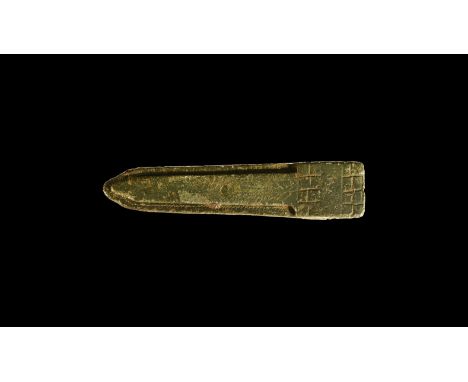 12th-13th century AD. A long, tongue-shaped strap end formed from three separate elements in the form of a coin-weighing 'Tum