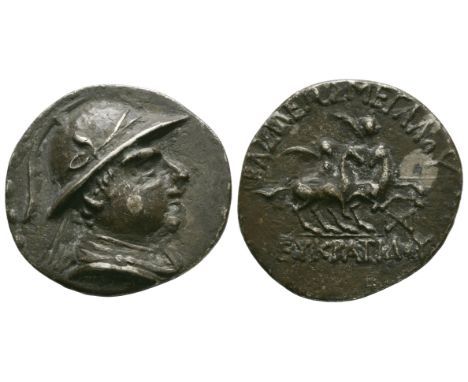 171-145 BC. Obv: helmeted, diademed and draped bust right, wearing helmet decorated with a bull's horn and ear. Rev: BASILEWS