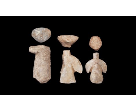 Chalcolithic, 3300-2500 BC. A mixed group of 'stargazer' figurine parts comprising: three D-shaped heads, two bodies with lea