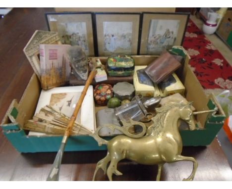 A collectors lot to include glass pictures, a stone bust, brass unicorn, hip flask etc etc