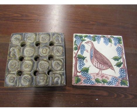 2 vintage glazed ceramic tiles, one with hand painted bird