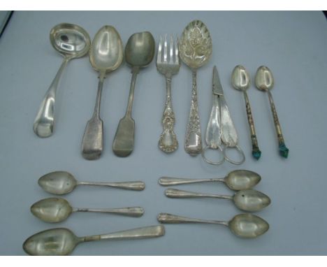R Wallace Silver plated fork , two early silver plate tea spoons, ornate fruit spoon, plus various plated items    