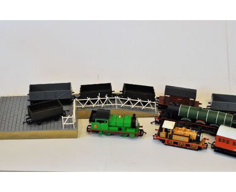 Box of Hornby train track including station platform; carriages and engines plus Thomas the tank engine friends 