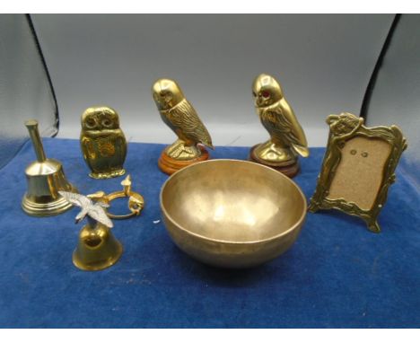 Brass art deco frame, owls, bells and a bowl