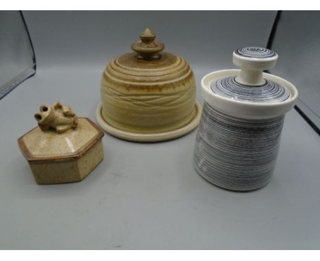 Poole pottery lidded pot, a pottery cheese dome and a frog trinket pot
