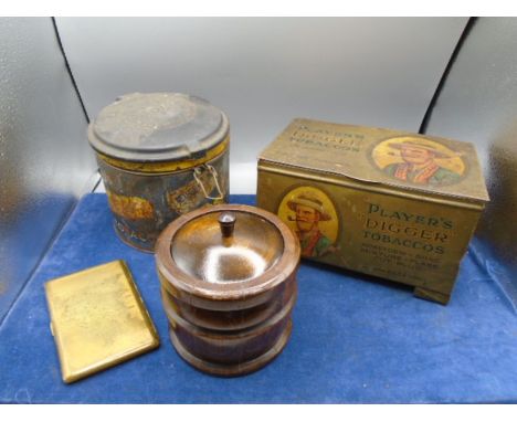 Collection of smoking related collectables to include wood tobacco jar with ceramic liner, Players Digger Tobaccos tin, Ogden