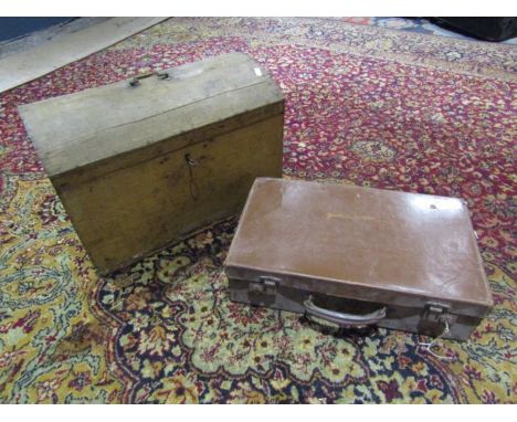 Small wooden dome top trunk (L50cm) and leather suitcase 