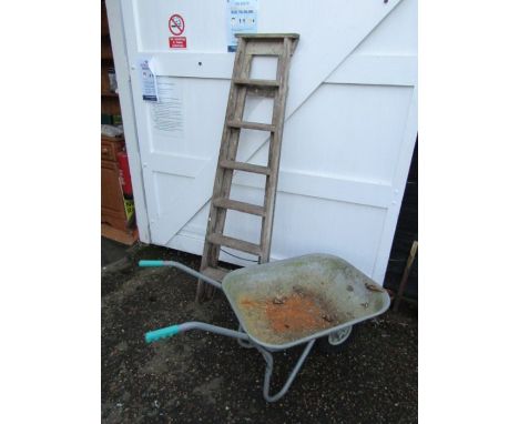Wooden step ladder and wheelbarrow 