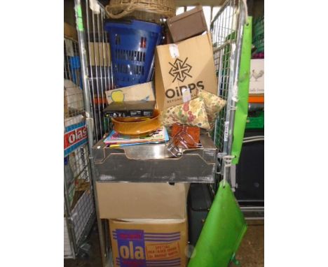 Stillage of all sorts to include fishing rods, reels and tackle, demi john bottles, stoneware foot warmers, vintage tins, old