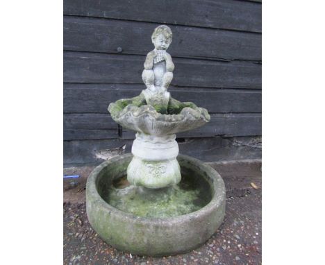 Concrete Garden fountain featuring young boy playing panpipes H90cm approx