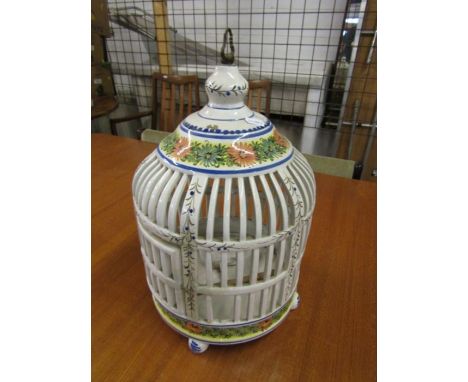 Italian ceramic birdcage with bird. Damaged with broken pieces in cage A/F. H42cm approx