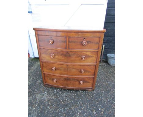 Bow fronted 2 short over 3 long veneered chest of drawers with mother of pearl detail inlay to handles H109cm W102cm D52cm ap