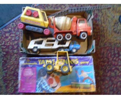 Vintage toys- Tonka fork lift, Powerhouse crane, a cement mixer, a lorry and a boxed table tennis game